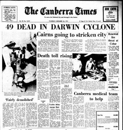 The front page of <i>The Canberra Times </i>in 1974 tells the story of the Darwin devastation. Photo: Supplied