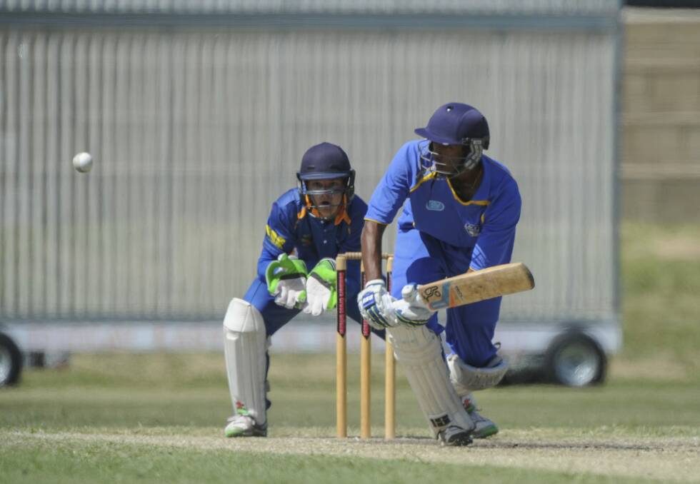 Lakshmn Shivakkumar on his way to 79 in Sunday's ACT Comets trial match at Freebody Oval. Photo: Graham Tidy