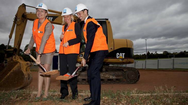 Federal Health Minister Tanya Plibersek, ACT Chief minister Katy Gallagher and Federal Member for Fraser Andrew Leigh turn the first sod for a new GP Super Clinic at the University of Canberra. Photo: Katherine Griffiths