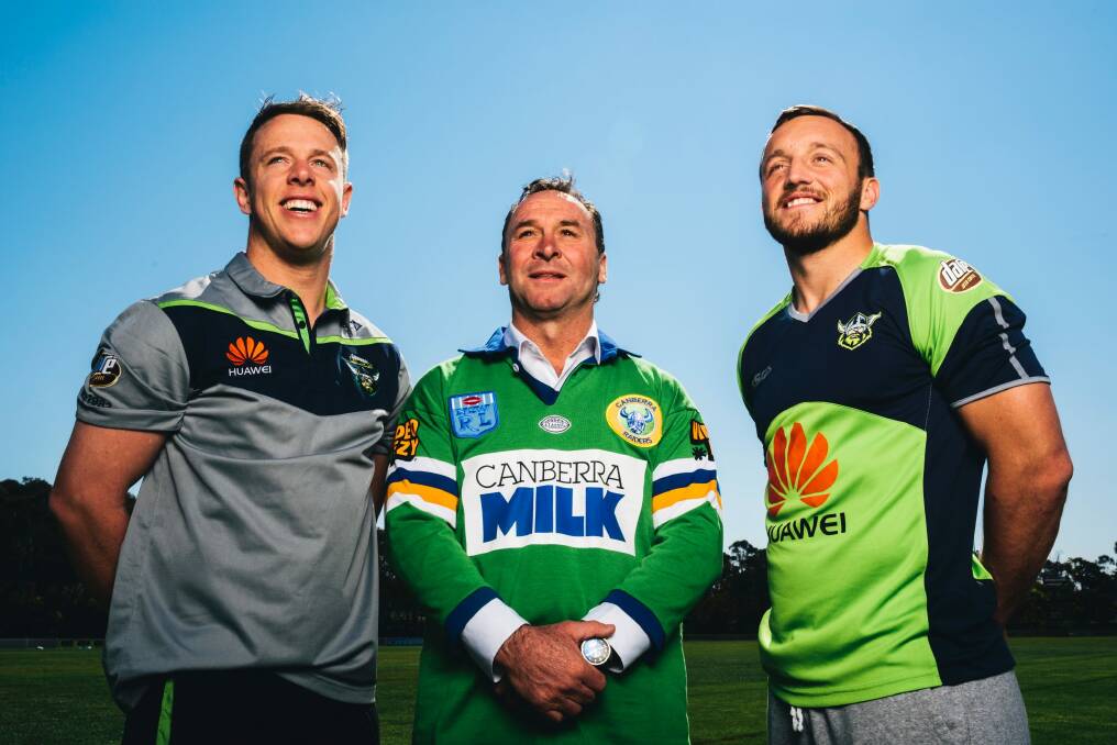 Canberra Raiders announce a new sponsorship deal with Canberra Milk. Sam Williams, Ricky Stuart, and Josh Hodgson. Photo: Rohan Thomson
