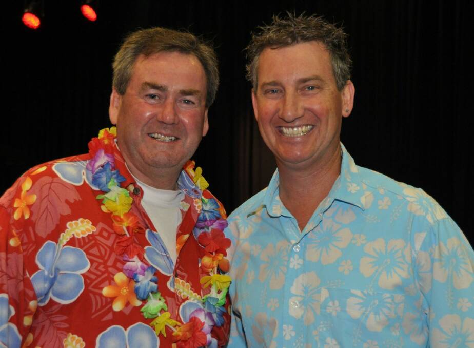 8 November 2013 Canberra Times Photo by Lyn Mills for SOCIALS....Hawaiian Ball for Cancer Support Group........Paul Walshe and Cam Sullings Photo: Lyn Mills