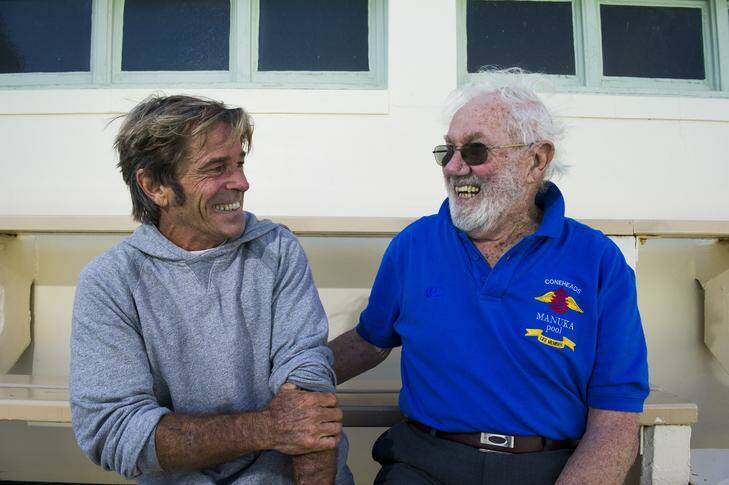 John "Tav" Taverner has been honoured in the naming of the new Manuka Pool cafe, "Tav's". John Taverner with "Cone Head" Mervyn Knowles. The  "Cone Heads" were formed by a group of friends who have been swimming together at Manuka Pool for many years. Photo: Rohan Thomson