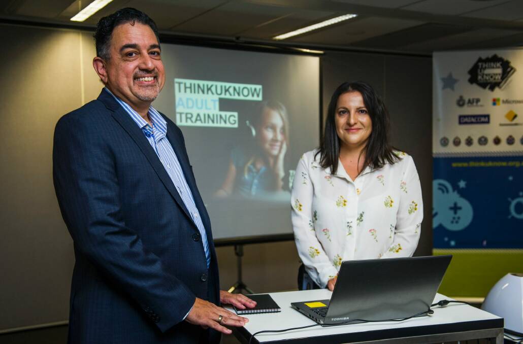 Datacom account manager and father-of-two Kal Thompson, has been volunteering his time to help teach adults how to keep young people safe online. The Australian Federal Police runs the ThinkUKnow program with the AFP's coordinator of missing persons and child exploitation, Marina Simoncini, urging adults not to be intimidated by technology but to help their children navigate it safely. Photo: Elesa Kurtz