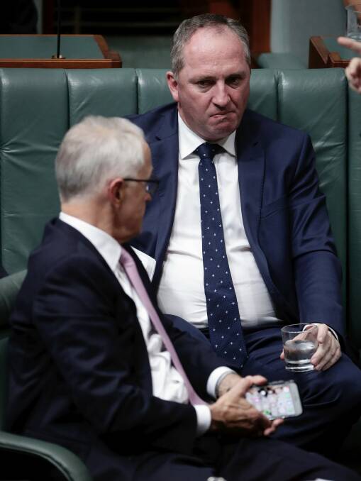 Deputy Prime Minister Barnaby Joyce and Prime Minister Malcolm Turnbull during question time last week. Photo: Alex Ellinghausen