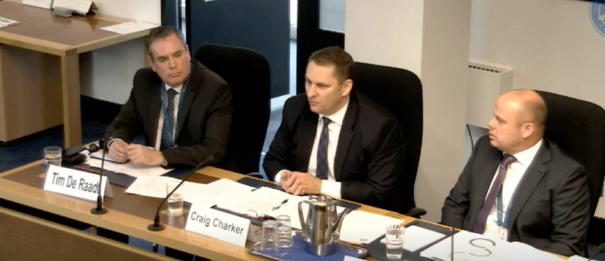 Air Services Australia officials Tim De Raadt, Craig Charker and Marcus Knauer appeared before the ACT Assembly's drone inquiry on Wednesday.  Photo: ACT Assembly 
