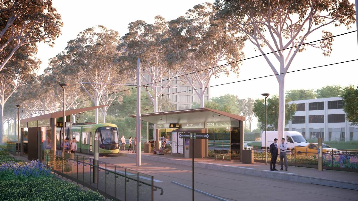 An artist's impression of the Capital Metro Gungahlin tram line showing the light rail stations once trees have grown back. Photo: Supplied