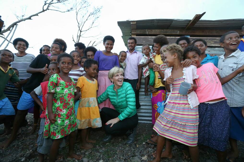 Foreign Minister Julie Bishop meets with locals during a visit to bring Australian aid to Fiji after Tropical Cyclone Winston. Photo: Alex Ellinghausen
