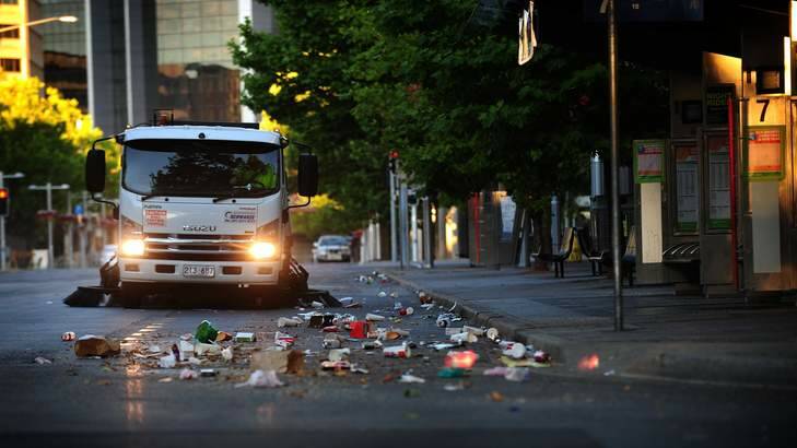The early morning clean up in Canberra's CBD, post-New Years Eve celebrations. Photo: Karleen Minney