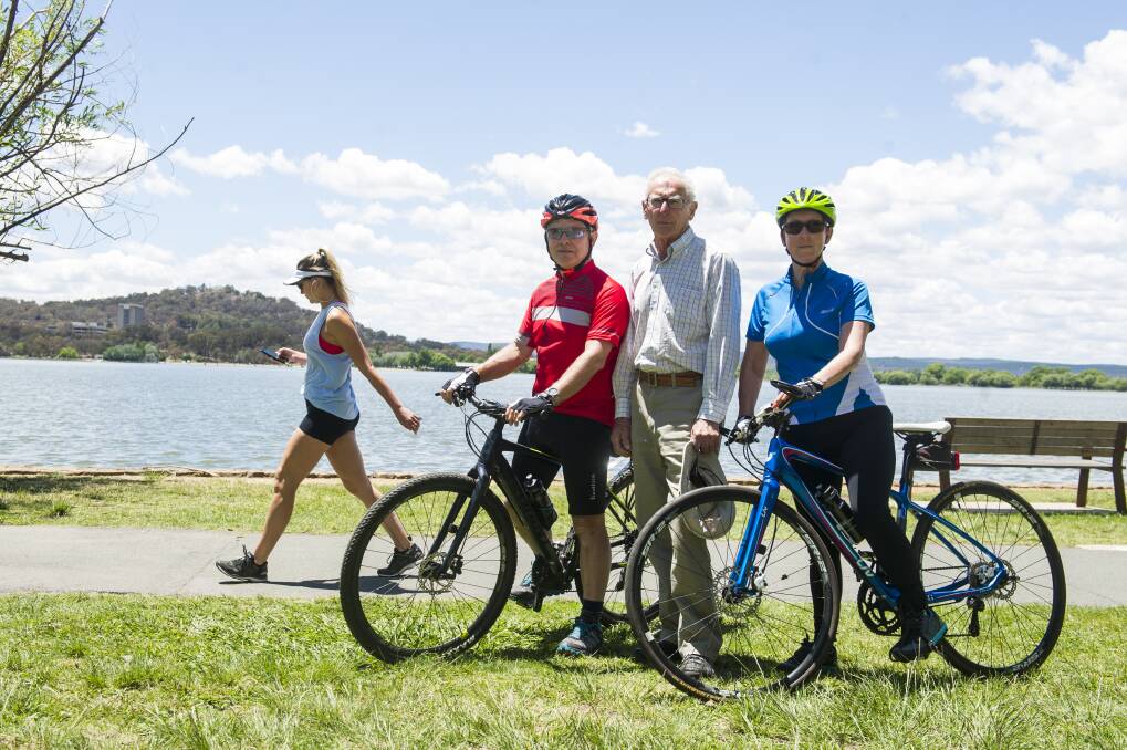Cyclists from Pedal Power Mark Boast, Richard Bush and Michelle Weston are concerned about overcrowding on lakeside paths.  Photo: Dion Georgopoulos