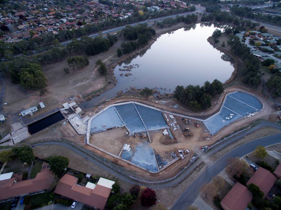 Aerial photograph taken in May of the rain garden being built at Isabella Plains, next to Upper Stranger Pond, to improve water quality in Lake Tuggeranong. Photo: Supplied
