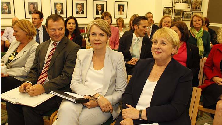 Tanya Plibersek, sitting with Jenny Macklin and Graham Perrett during the ALP caucus meeting, has been elected deputy Labor leader. Photo: Andrew Meares