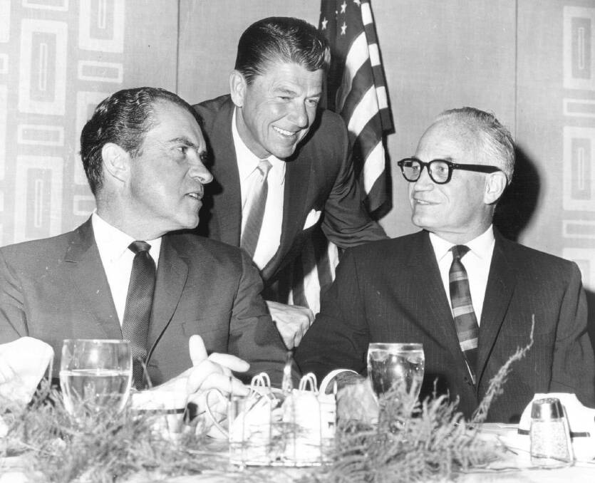 Barry Goldwater, right, with Richard Nixon, left, and Ronald Reagan in Phoenix in 1965 at a testimonial dinner to honour the 1964 Republican presidential candidate. Photo: Supplied