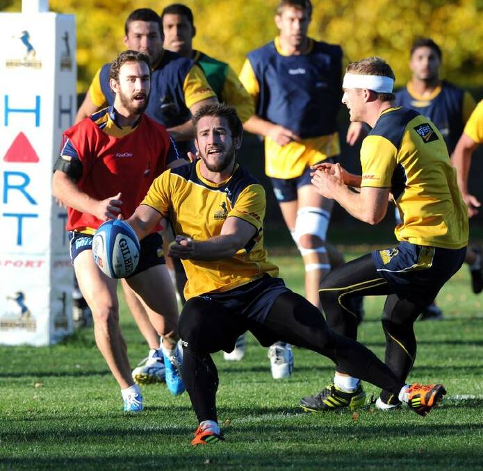 15 May 2012 SPORT Canberra Times photograph by GRAHAM TIDY Story by Jon Tuxworth/Chris Dutton. Brumbies training at their Griffith HQ. Zack Holmes in action. Photo: Graham Tidy GGT