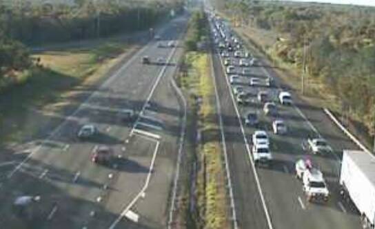 A traffic camera captures the southbound gridlock on the Bruce Highway in Burpengary about 4pm. Photo: Department of Transport and Main Roads