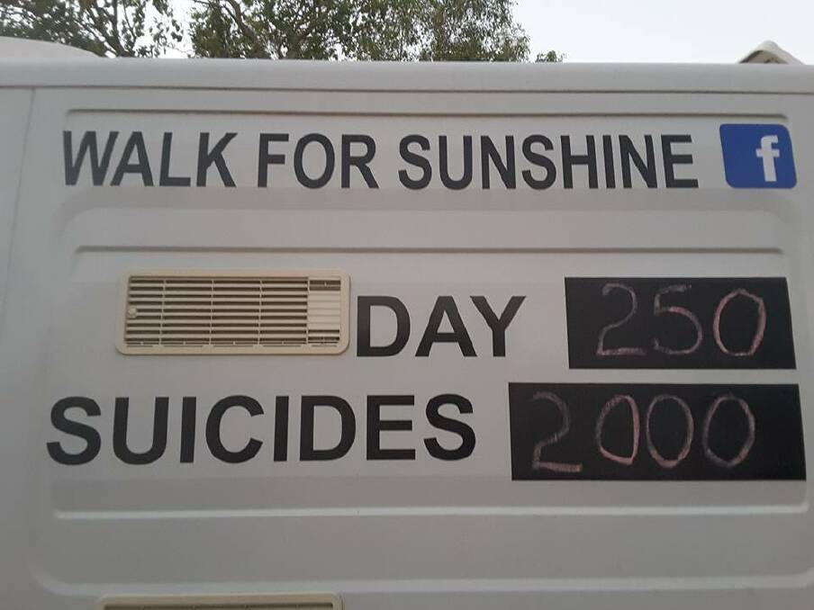 The Drummonds' support bus showed how many days they had been walking and the corresponding number of estimated deaths by suicide for that time period. The bus led many people to tell the couple their story about losses they had suffered through suicide. Photo: Supplied
