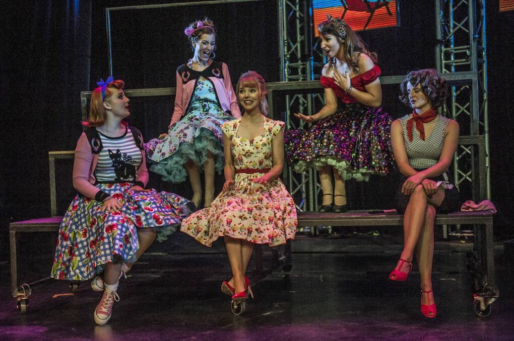 The girls of Grease (from left) Jan (Sophie Hopkins), Frenchy (Risa Craig), Sandy (Rosanna Boyd), Marty (Amelia Juniper-Grey), and Rizzo (Vanessa de Jager). Photo: Karleen Minney