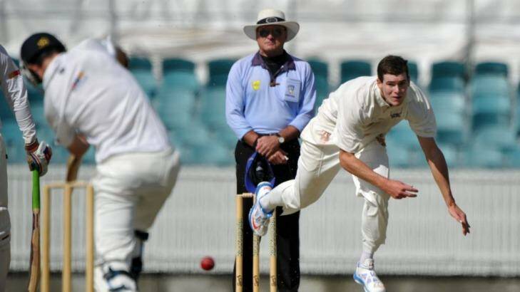 Career best: Queanbeyan's Josh Bennett on his way to 6-27 against Wests at Manuka Oval. Photo: Graham Tidy