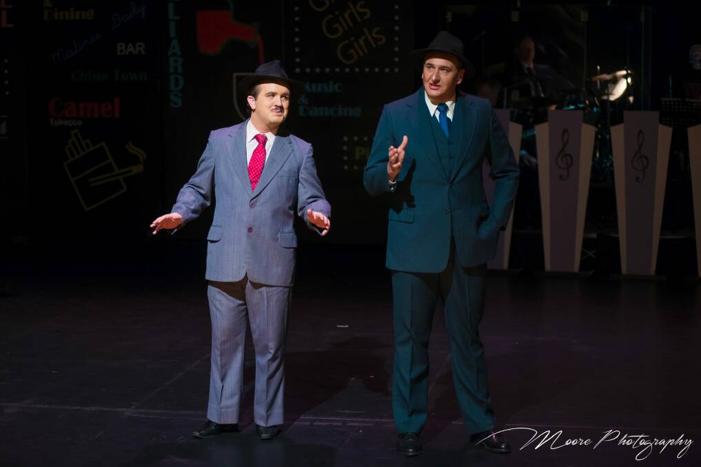 Queanbeyan Players' Guys and Dolls: From left, Anthony Swadling (Nathan Detroit), Steve Galenic (Sky Masterson). Photo: Michael Moore - Moore Photography