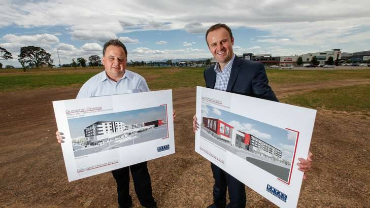 Minister Andrew Barr and Director of Gungahlin Lifestyle present the new Gungahlin cinema location. Photo: Katherine Griffiths