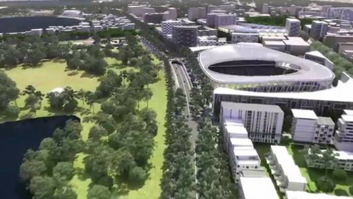 An image from a video in 2013 provided by the Economic Development Directorate showing a proposed 30,000 seat stadium on the site of the current Civic pool. Photo: Supplied