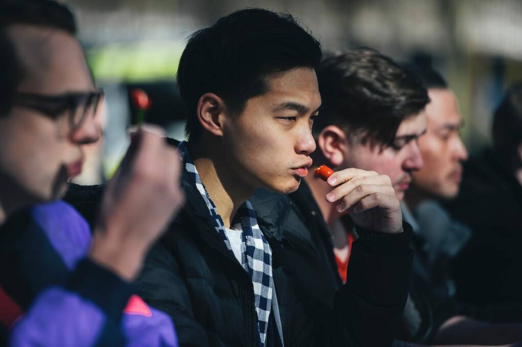 Jay Lam eats a chilli in an early round of the competition. Photo: Rohan Thomson