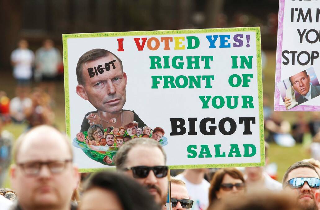 A placard depicting former prime minister Tony Abbott at a marriage-equality rally in Sydney last month. Photo: Daniel Munoz