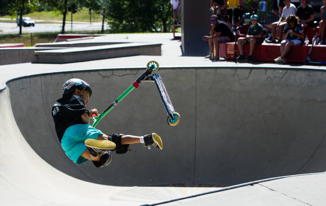 Eight-year-old Kye Janke impressed at the Woden Skate Park. Photo: Elesa Kurtz