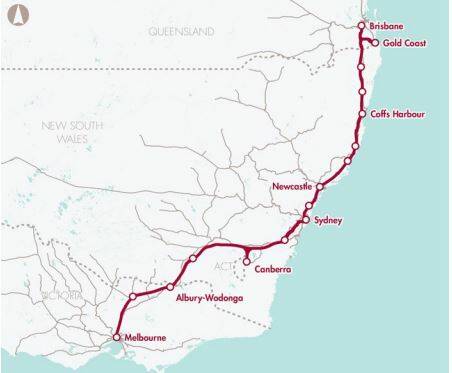 The proposed route for the Brisbane to Melbourne bullet train. 
 Photo: Infrastructure Australia