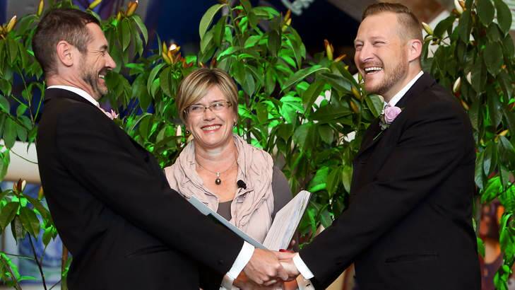 Paul McCarthy (L) and Trent Kandler, first Australian same sex couple to wed in New Zealand. Photo: Hagen Hopkins
