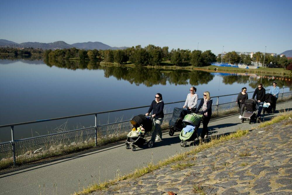 Emma Butler of Gilmore, Sally Baker of Monash and Verity Scarlett of Kambah, Le Chung and William Bhusian of Canberra and Kate Booth of Richardson walk around lake Tuggeranong. Photo: Jay Cronan