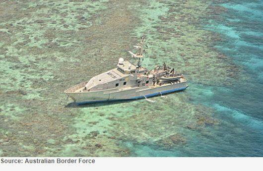 Defence Force patrol boat the Roebuck Bay gets stuck on the Great Barrier Reef off Port Douglas. Photo: Australian Border Force