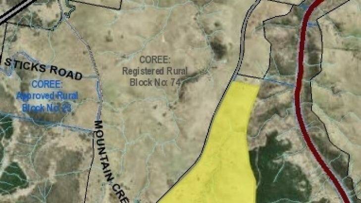 Divisive: A map showing the site of the proposed Uriarra solar farm. The arrow shows the site planned by Elementus, directly across Brindabella Road from the village, but the company has approval to use any part of block 76, outlined in yellow.