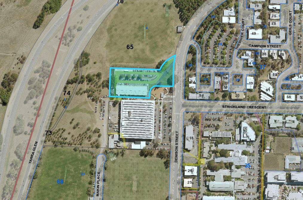An aerial of the Royal Australian Mint in Deakin. The highlighted building is to be sold off later this year. An application has been lodged to change its zoning.  Photo: Supplied