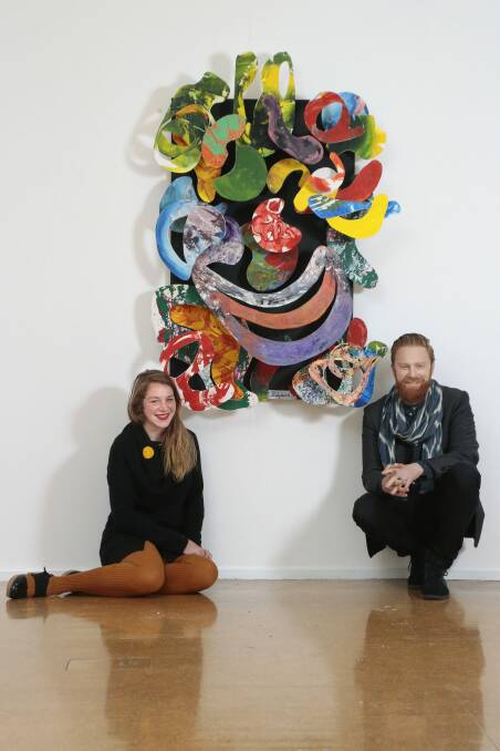 Alexander Boynes and Sabrina Baker with Irina Zarebski's work Partytura 3. Photo: Jeffrey Chan
