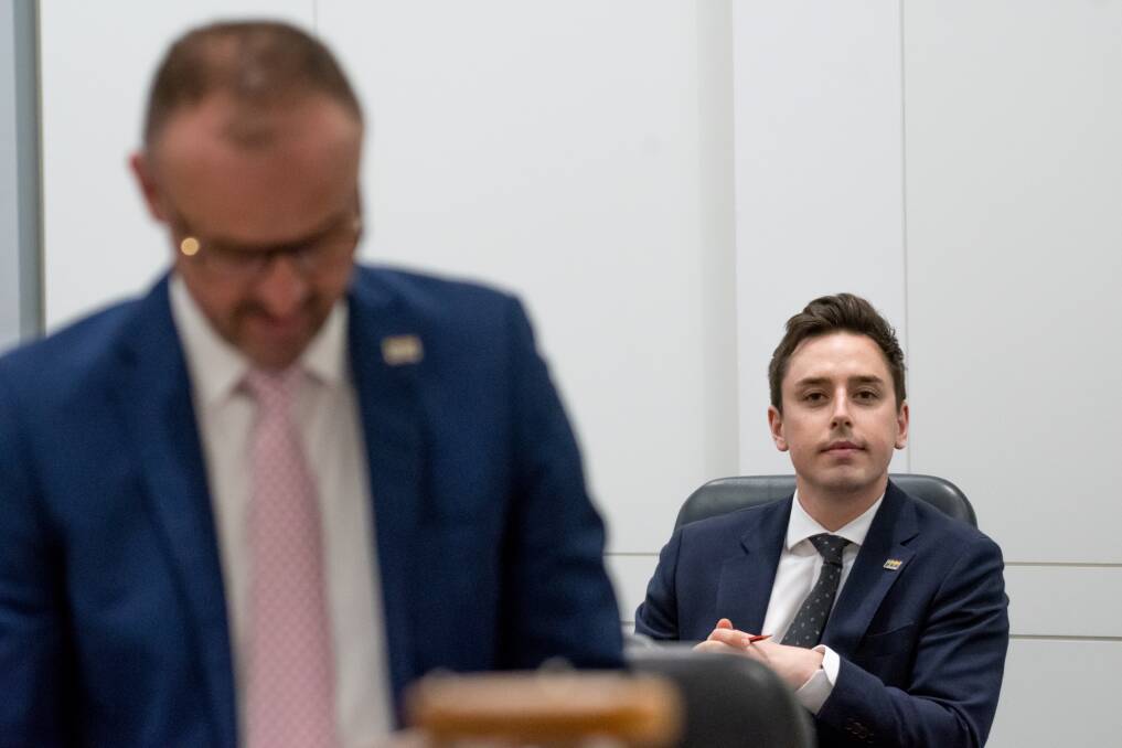 Chief Minister Andrew Barr and Labor backbencher Michael Pettersson. Labor says they were caught unaware by the Greens support of a Liberal motion for an inquiry into the cannabis bill, even though Shane Rattenbury told them he wanted the bill referred.  Photo: Karleen Minney