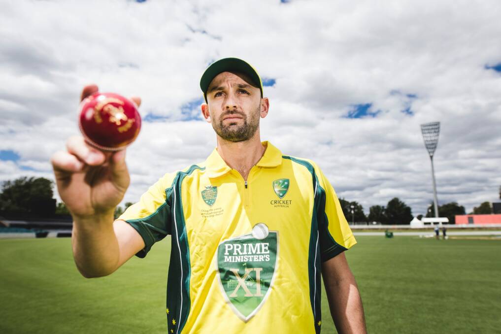 Australian off-spin bowler Nathan Lyon at Manuka Oval.  Photo: Jamila Toderas