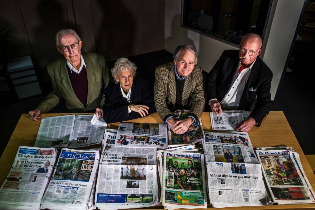 R.S. Gilbert (far left) last year at The Canberra Times' office with other prominent Letter to the Editor writers: Evelyn Bean of Ainslie, Bill Deane of Chapman, and Gary J. Wilson of Macgregor. Photo: Jamila Toderas
