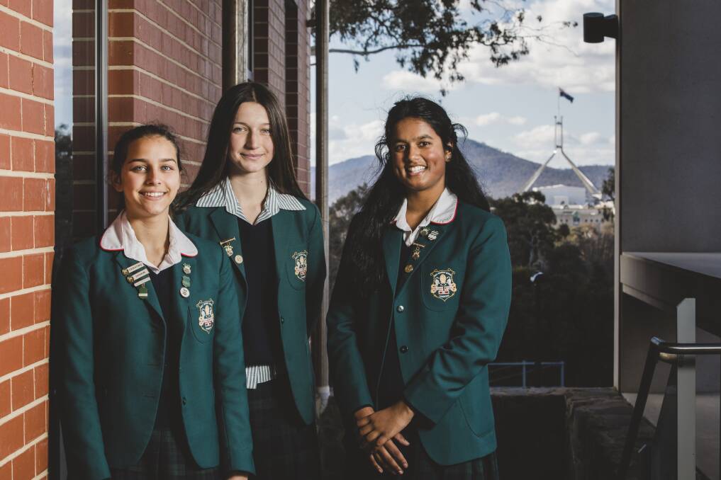 Canberra Girls Grammar School students Elisabeth Abhayaratna, Tara Dabrowski, and Shirya Bellamkonda-Vaka. Photo: Jamila Toderas