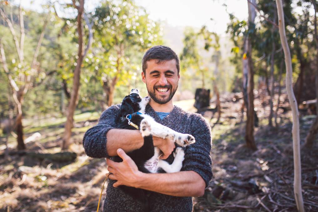 Researcher Dr Dejan Stojanovic will help train puppy Zorro in masked owl detection. Photo: Difficult Birds Research Group, ANU
