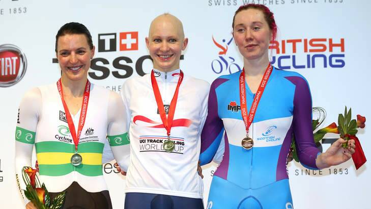 Silver medal winner Rebecca Wiasak of Australia with gold medal winner Joanna Rowsell of Great Britain and bronze medal winner Katie Archibald of Scotland. Photo: Getty Images