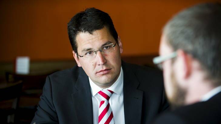 ACT Liberal Party leader Zed Seselja is interviewed by Canberra Times Journalist Noel Towell. Photo: Rohan Thomson