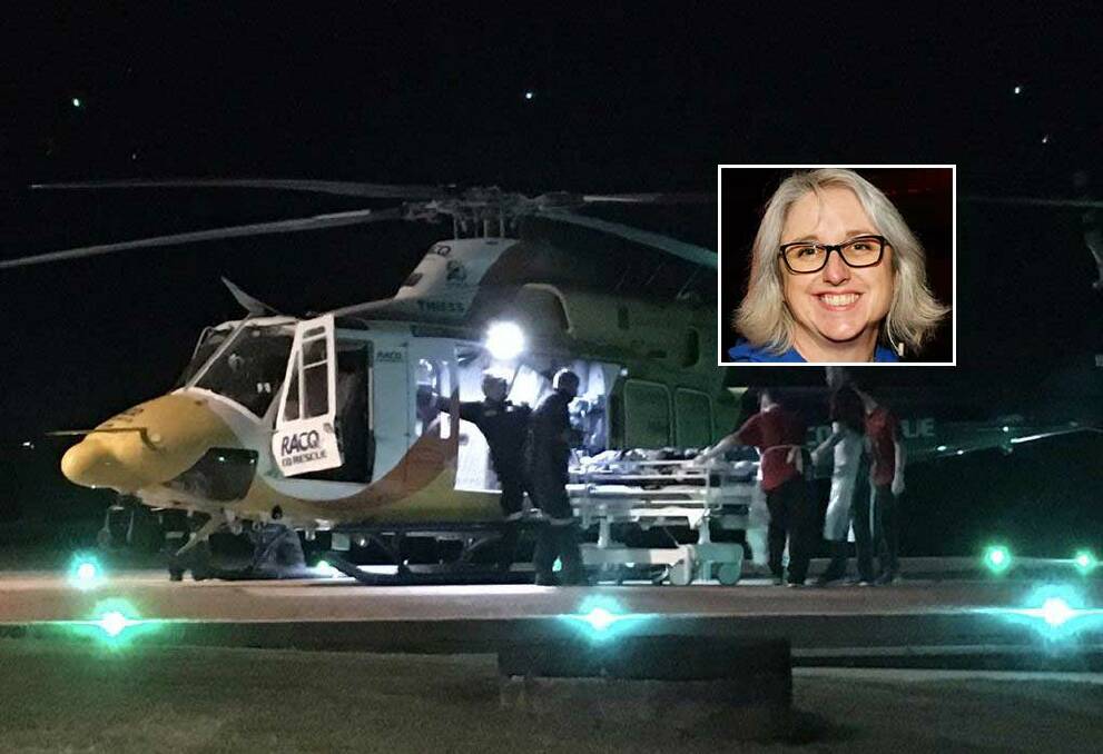 The RACQ CQ Rescue helicopter lands at Mackay Base Hospital with shark attack victim Justine Barwick, inset. Photo: Supplied