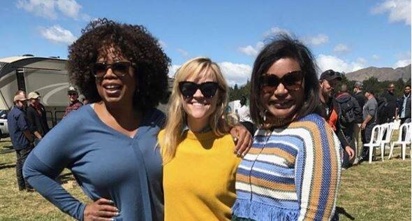 Oprah, Reese Witherspoon and Mindy Kaling on set in New Zealand for their new film, <I>A Wrinkle In Time</i>. Photo: Jenna Clarke