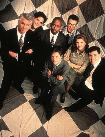 The cast of Spin City - Alan Ruck is at the back on the right with glasses. Photo: Supplied