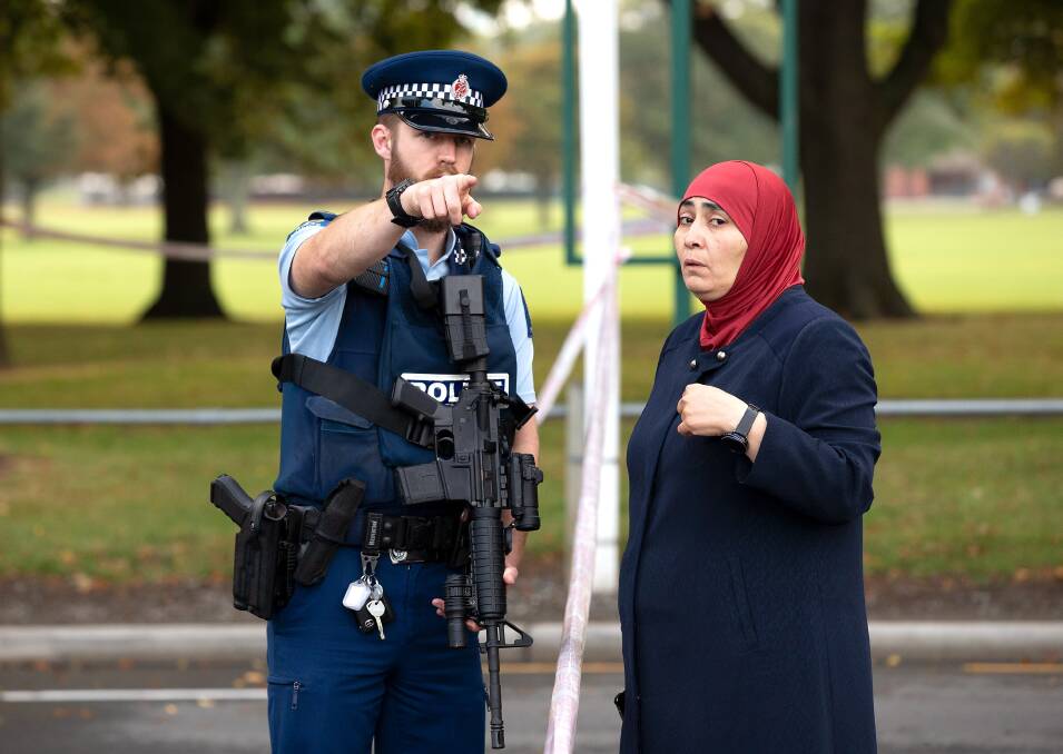 New Zealand police patrol the scene of last week's Christchurch massacre. Photo: Martin Hunter
