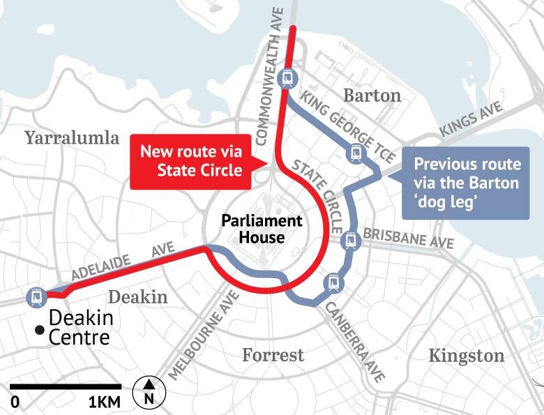 The State Circle option sits between the earlier Capital Circle route and the Barton route. However it is yet to be determined whether the light rail would go east or west around the circle.  Photo: Canberra Times