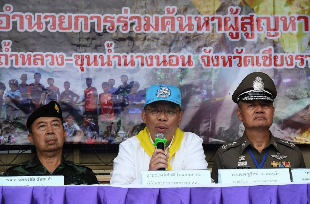 Narongsak Osottanakorn (centre) during a press conference in Mae Sai at the height of the rescue effort. Photo: Kate Geraghty