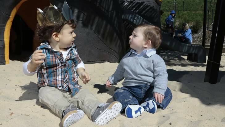 STAND-OFF: In the Pod playground at the National Aboretum, Giorgio Pentes, 15 months, keeps a sharp eye on fellow playground regular George Middleton, 7½ months. Photo: Jeffrey Chan