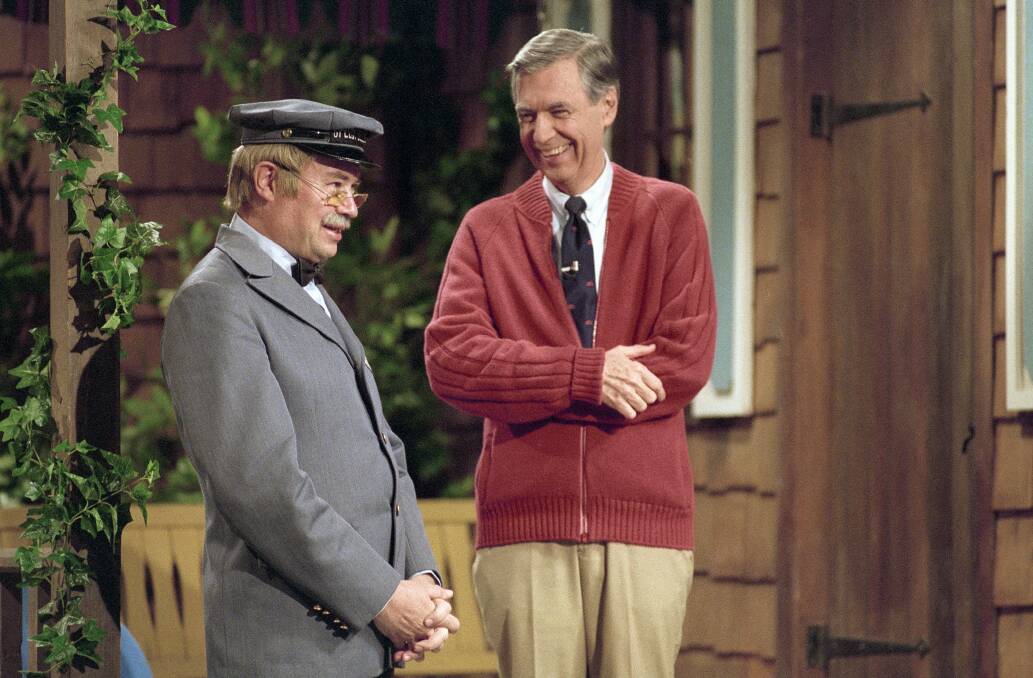 David Newell, left, as Speedy Delivery's Mr McFeely with Fred Rogers in a scene from <i>Won't You Be You Be My Neighbor?</i> Photo: Supplied