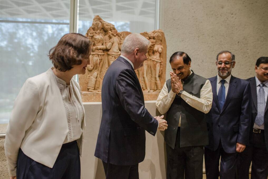 National Gallery of Australia deputy director Kirsten Paisley, Minister for Arts Mitch Fifield, the Honourable Dr Mahesh Sharma and Indian High Commissioner to Australia Navdeep Suri. Photo: Jamila Toderas
